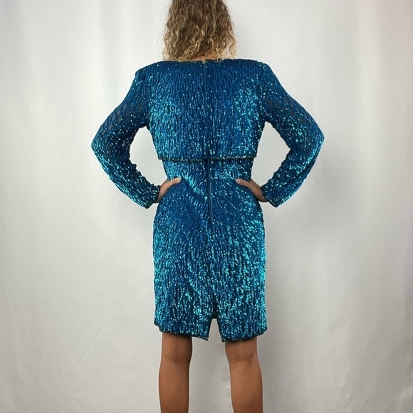 Vintage Scala Sequins Long Sleeve Mini Dress in Blue Size Small - Picture 3 of 7